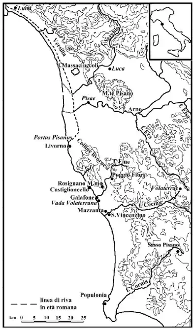 Ancient map of the location of Vada Volterrana and the area south of Livorno